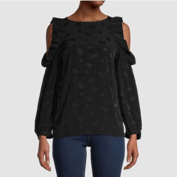 Maje Tops - MAJE LOYD BLACK PAISLEY PRINT RUFFLE COLD SHOULDER LONG SLEEVE BLOUSE top